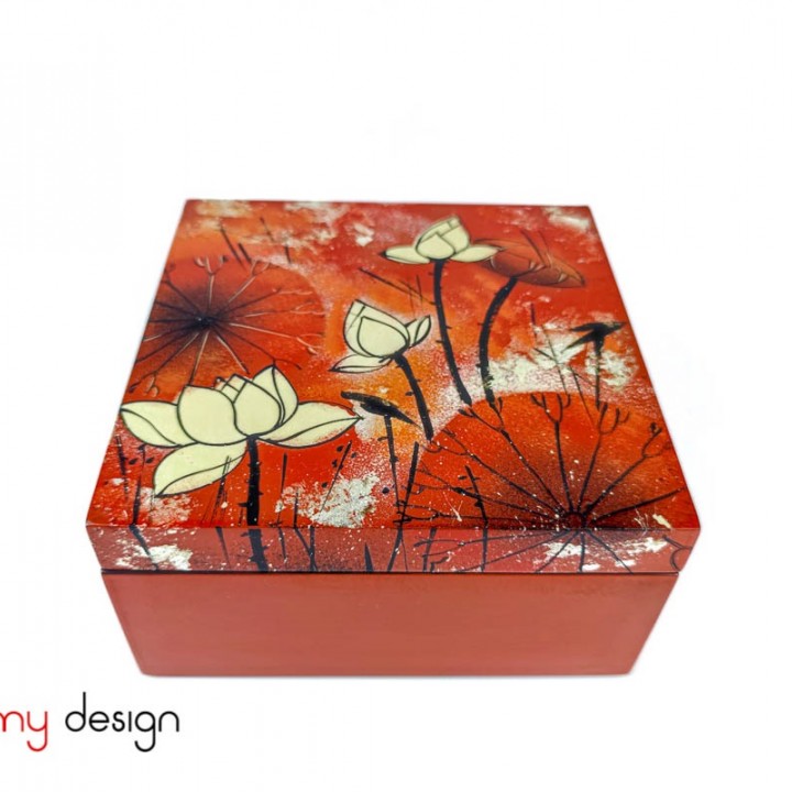 Orange square box with hand-painted lotus 16cm